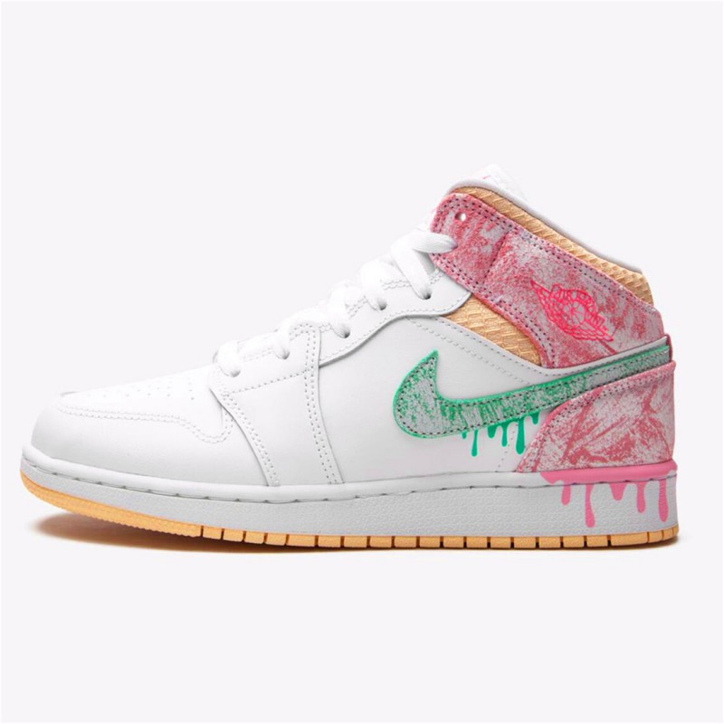 PK Sneakers Jordan 1 Mid Paint Drip (GS) White/Green Glow-Arctic Punch DD1666-100